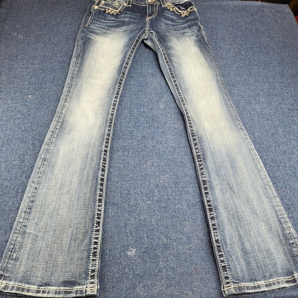 Miss Me Mid-Rise Bootcut Med Wash Jeans 27 Embellished Studded Rhinestone